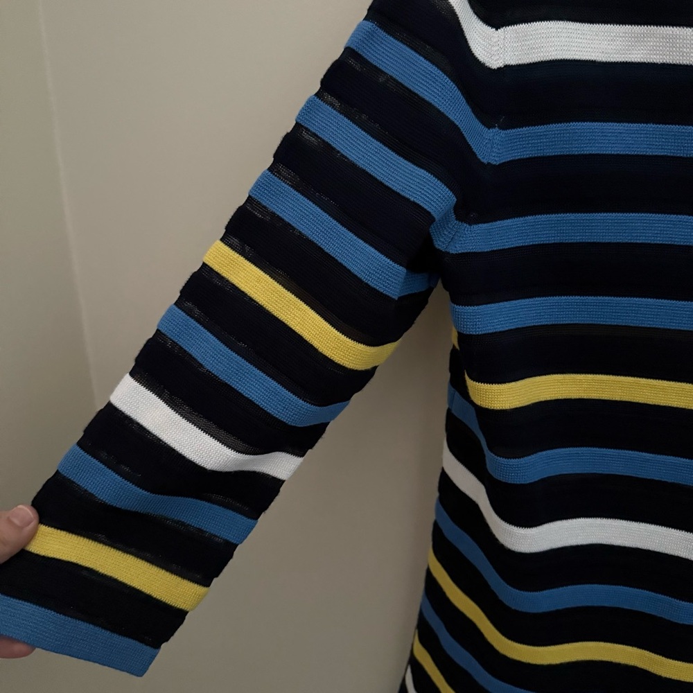 St John Wool Blend Striped Black Blue Yellow Crew Neck Sweater - Picture 5 of 10